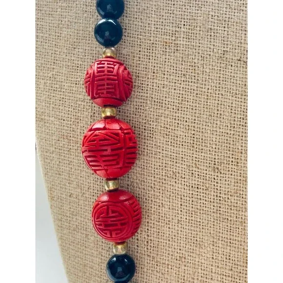 Vintage Chinese carved red cinnabar beaded Necklace